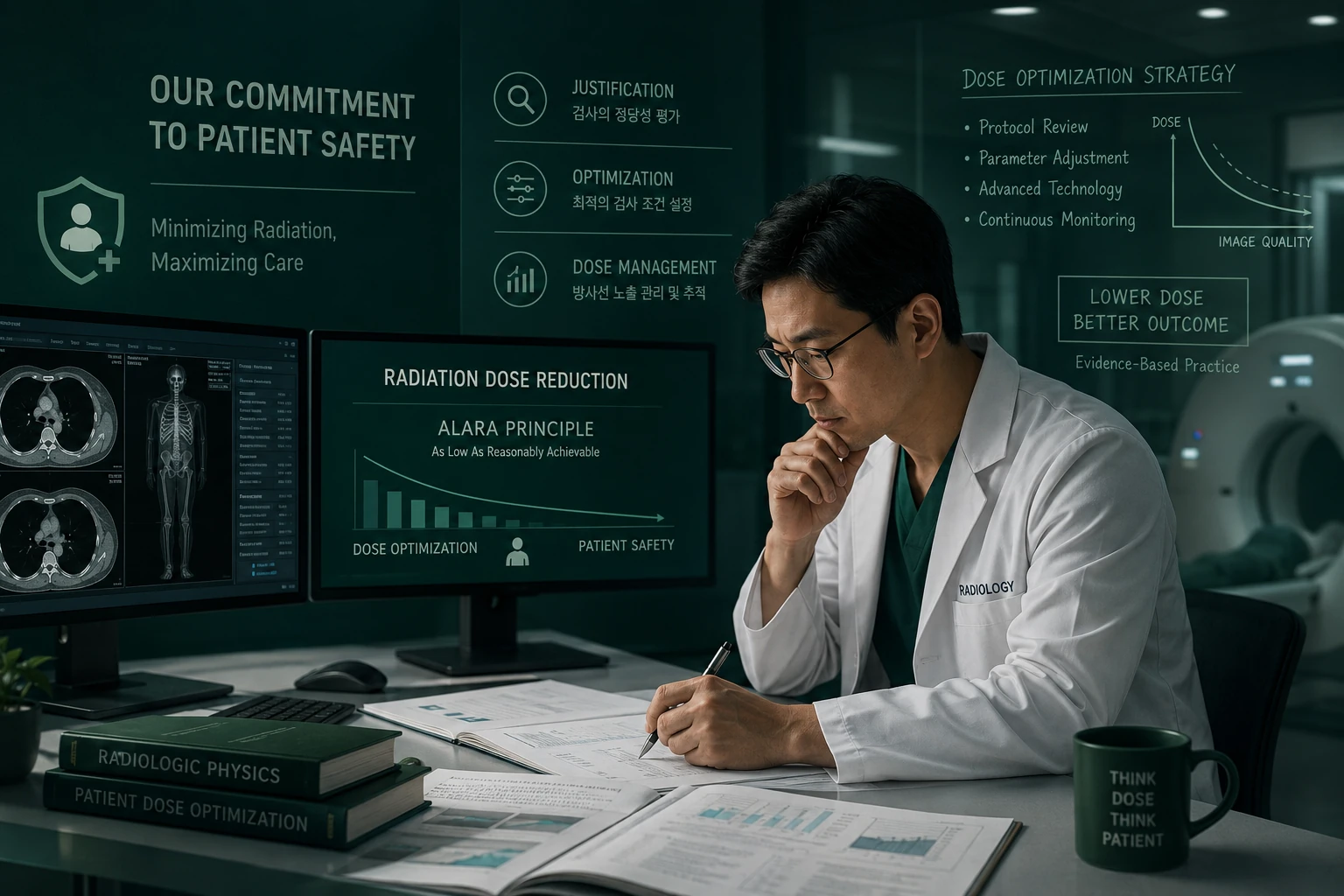 방사선 선량 최적화와 환자 안전을 고민하는 의료진 — 검사의 정당성 평가, 최적화, 선량 관리, ALARA 원칙을 보여주는 안내 이미지